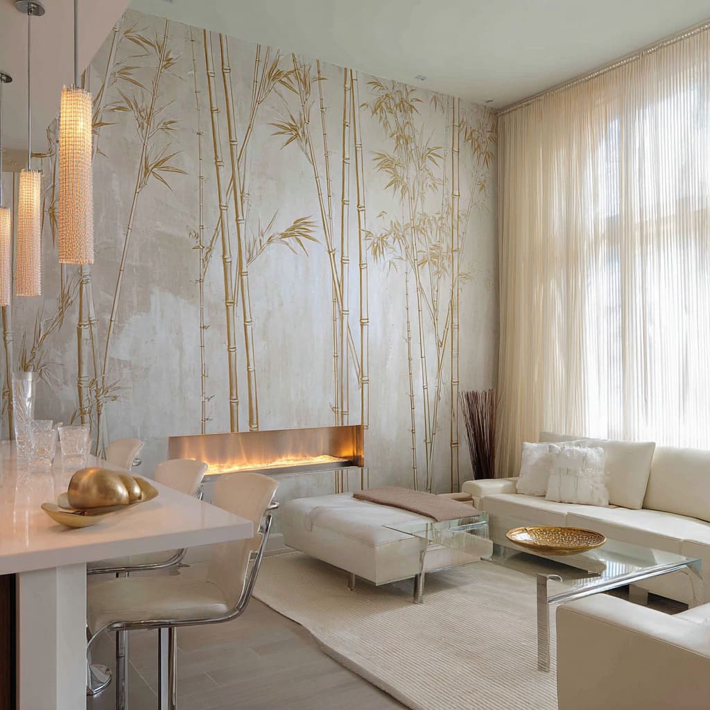 Grey bamboo mural and slatted wood screen near tall windows for bright modern, with a soft nature meets crisp architecture vibe Grey bamboo mural and slatted wood screen near tall windows for bright modern, with a soft nature meets crisp architecture vibe