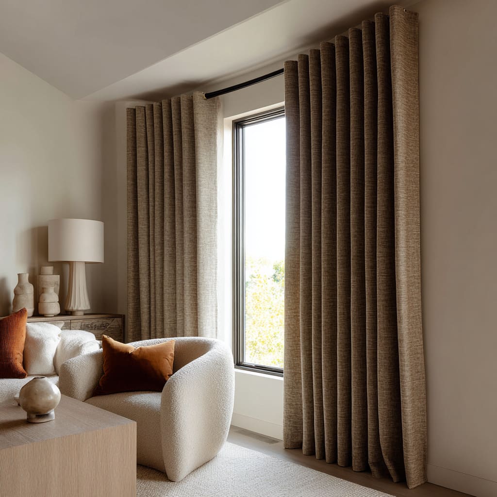 Heathered neutral drapery curving around a living room concept with boucle chair, rust accents, pale rug, and warm oak console Heathered neutral drapery curving around a living room concept with boucle chair, rust accents, pale rug, and warm oak console