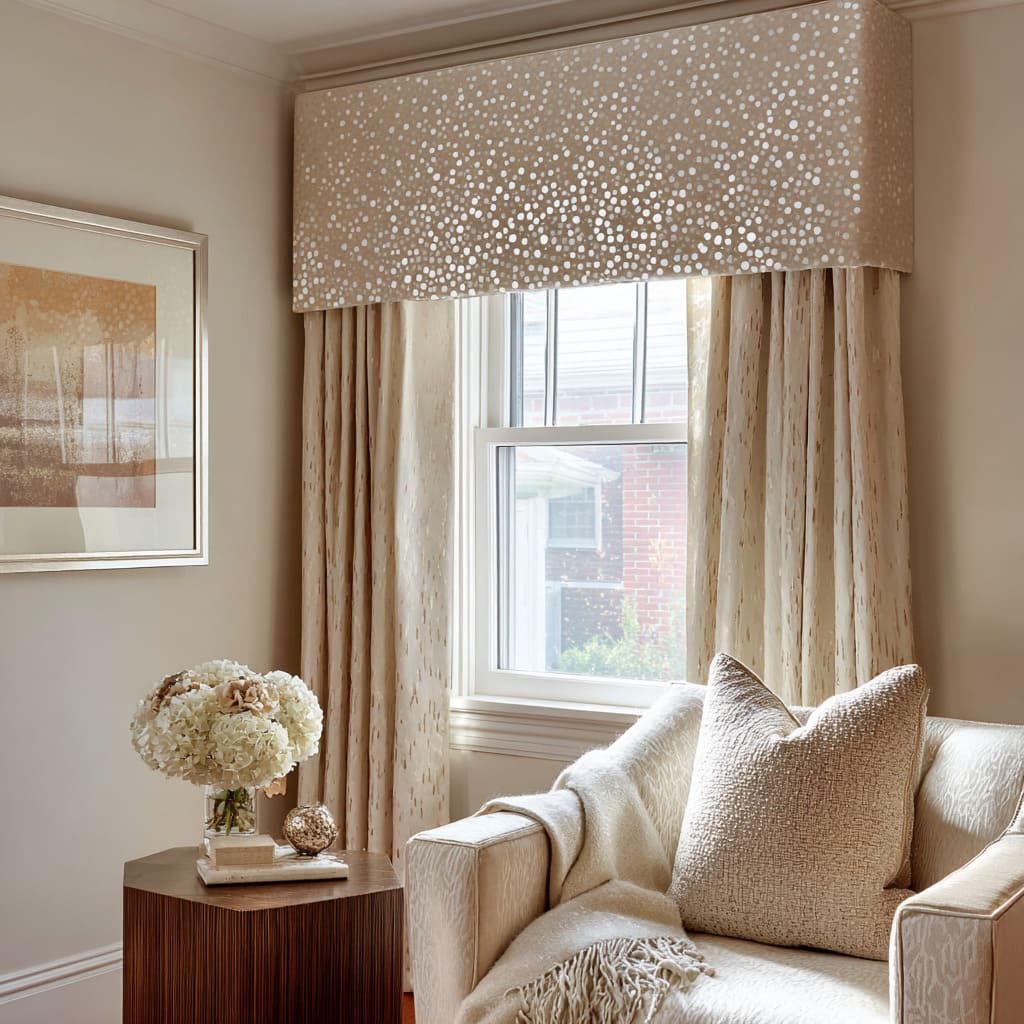 High-sheen dotted box valance as a luminous crown in a cream corner layout