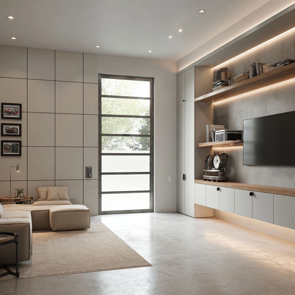 Horizontal band glass door in media room concept Horizontal band glass door in media room concept