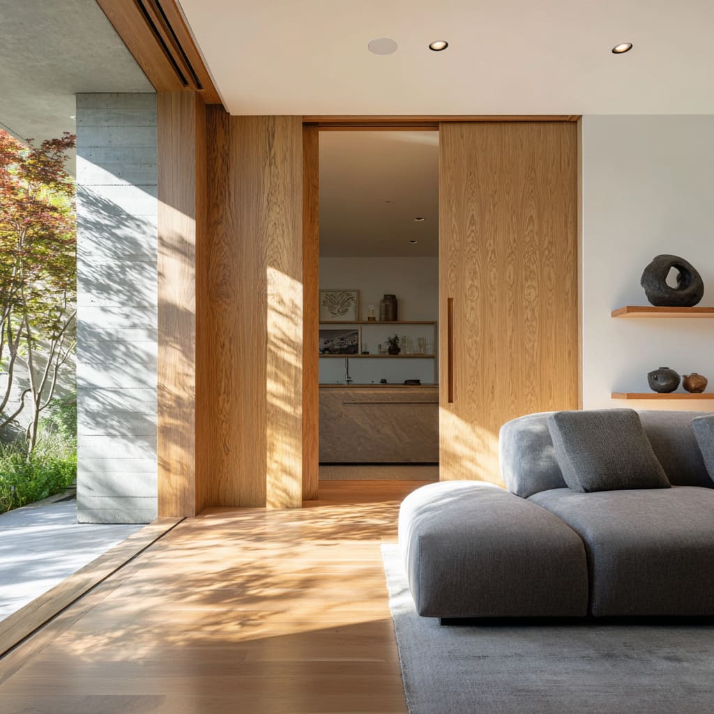 Ideas with full-height timber pocket door blending into a wood-clad wall between garden edge and kitchen Ideas with full-height timber pocket door blending into a wood-clad wall between garden edge and kitchen