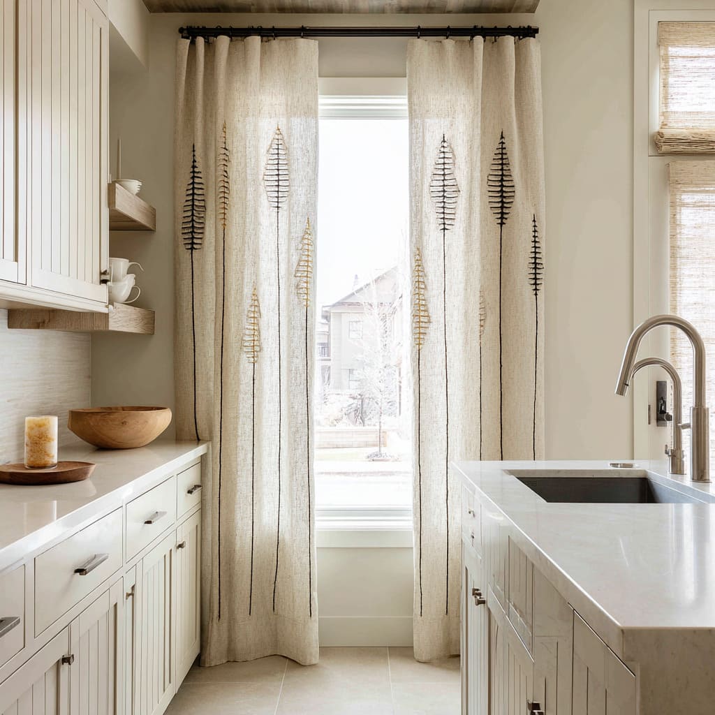 Ideas with soft linen curtains in sandy beige with embroidered modern fir-tree motifs frame a bright winter window in a calm Ideas with soft linen curtains in sandy beige with embroidered modern fir-tree motifs frame a bright winter window in a calm