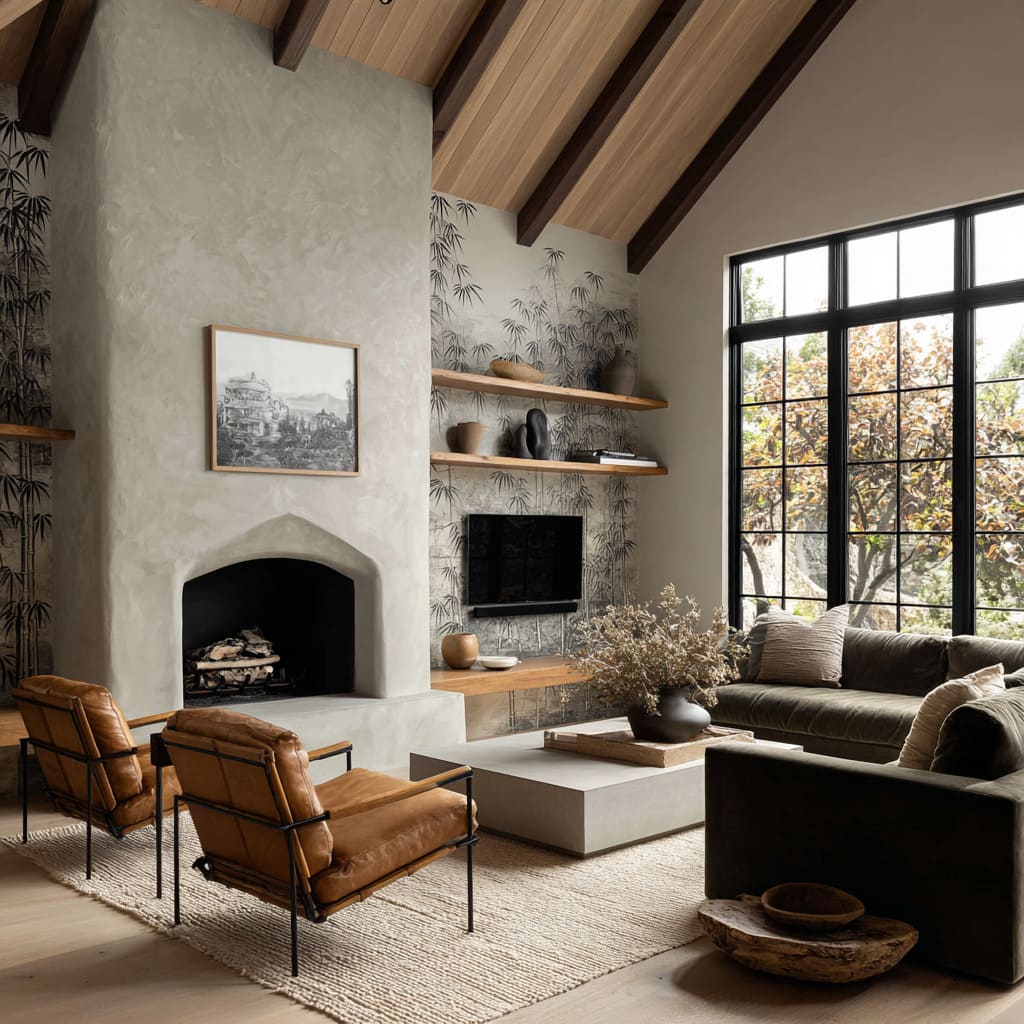 Ink-style botanical mural used as a TV wall backdrop and sculpted plaster fireplace design Ink-style botanical mural used as a TV wall backdrop and sculpted plaster fireplace design