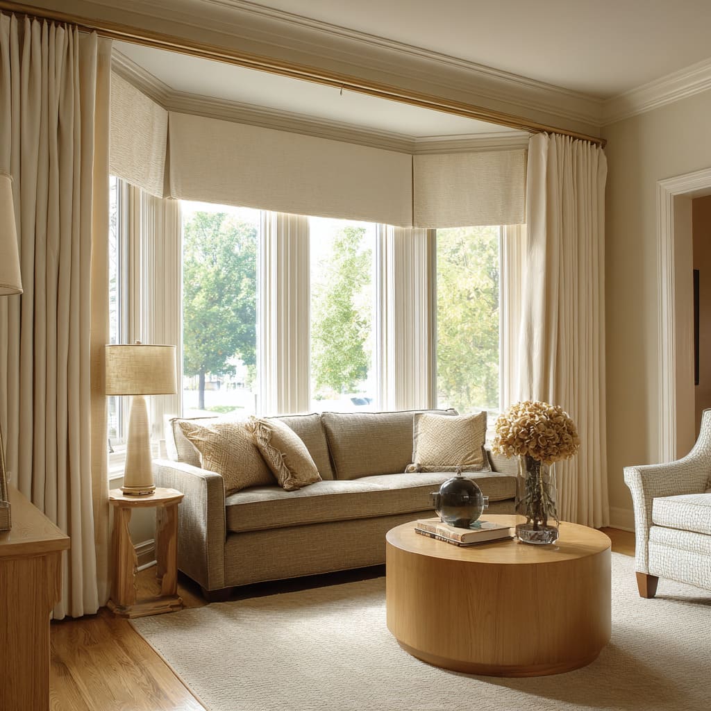 Inside-mounted bay valance boxes paired with full drapery on a slim ceiling track Inside-mounted bay valance boxes paired with full drapery on a slim ceiling track