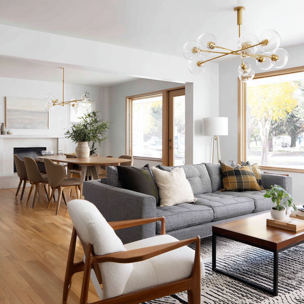 Interior design ideas with Light grey sofa for an open-plan space with clean zoning and warm balance