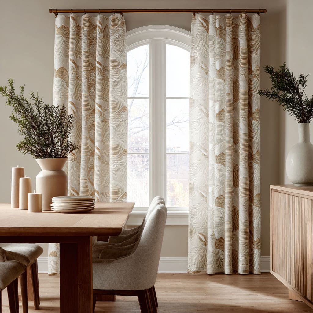 Ideas de interior con cortinas crema y sutiles arcos tipo abanico flanqueando una ventana arqueada Ideas de interior con cortinas crema y sutiles arcos tipo abanico flanqueando una ventana arqueada