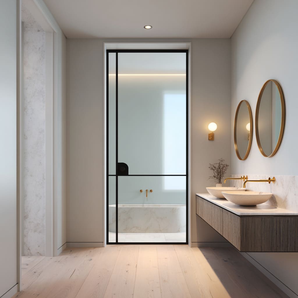 Interior design with a glass door framing bathtub at end of bathroom Interior design with a glass door framing bathtub at end of bathroom