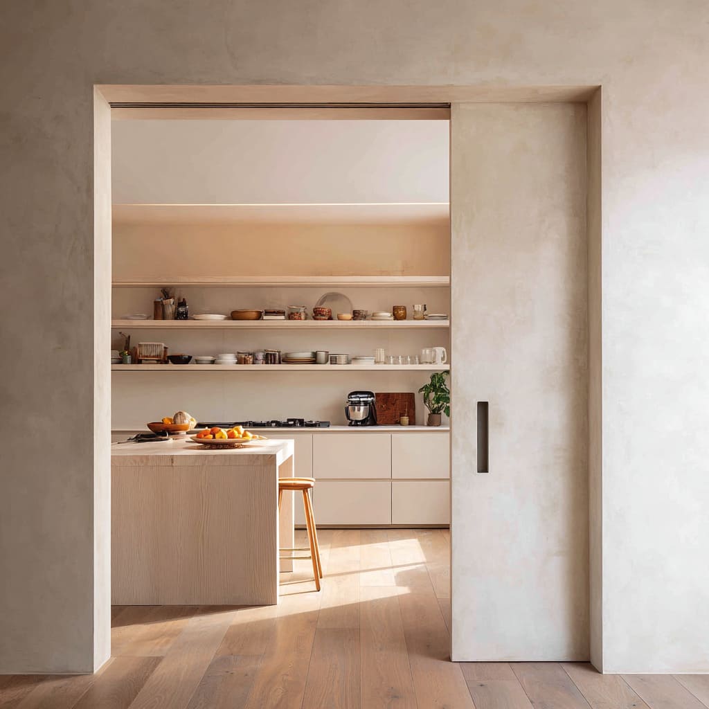Interior design with a soft plaster pocket door opening to a warm kitchen with timber island and open shelves Interior design with a soft plaster pocket door opening to a warm kitchen with timber island and open shelves