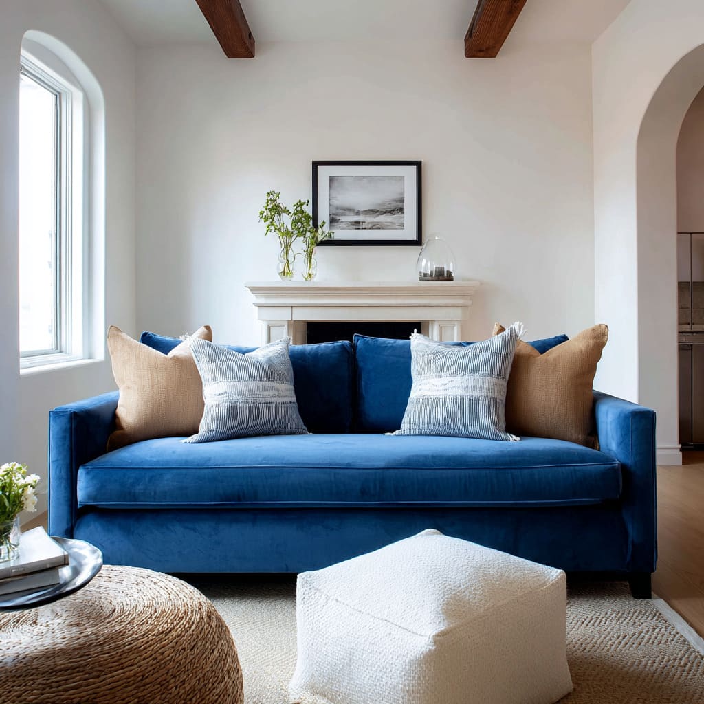 Jewel-blue sofa with camel end cushions and soft blue-white stripe pillows in a bright white living room design Jewel-blue sofa with camel end cushions and soft blue-white stripe pillows in a bright white living room design