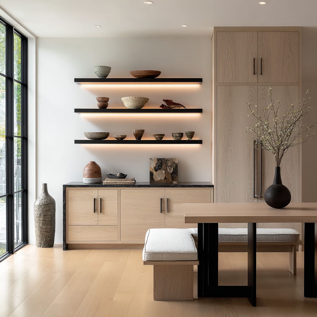 L-shaped bench-and-table pairing composition that feels precise and airy L-shaped bench-and-table pairing composition that feels precise and airy