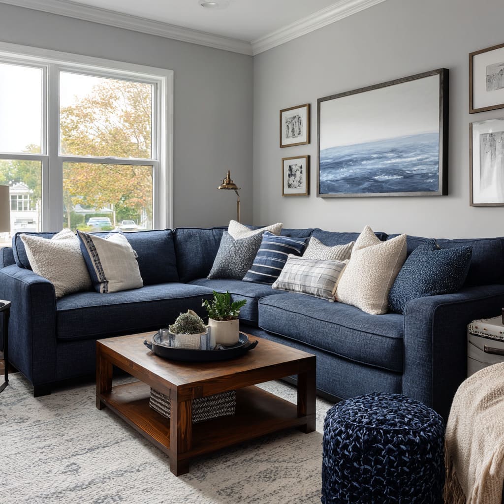 Large blue sectional with off-white textured pillows, quiet stripes, and a few dark navy accents for organized layering Large blue sectional with off-white textured pillows, quiet stripes, and a few dark navy accents for organized layering