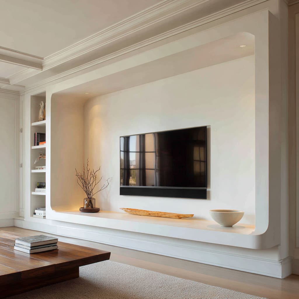 Large curved-corner TV niche in soft plaster tones with a deep ledge, minimal branch and pottery decor Large curved-corner TV niche in soft plaster tones with a deep ledge, minimal branch and pottery decor