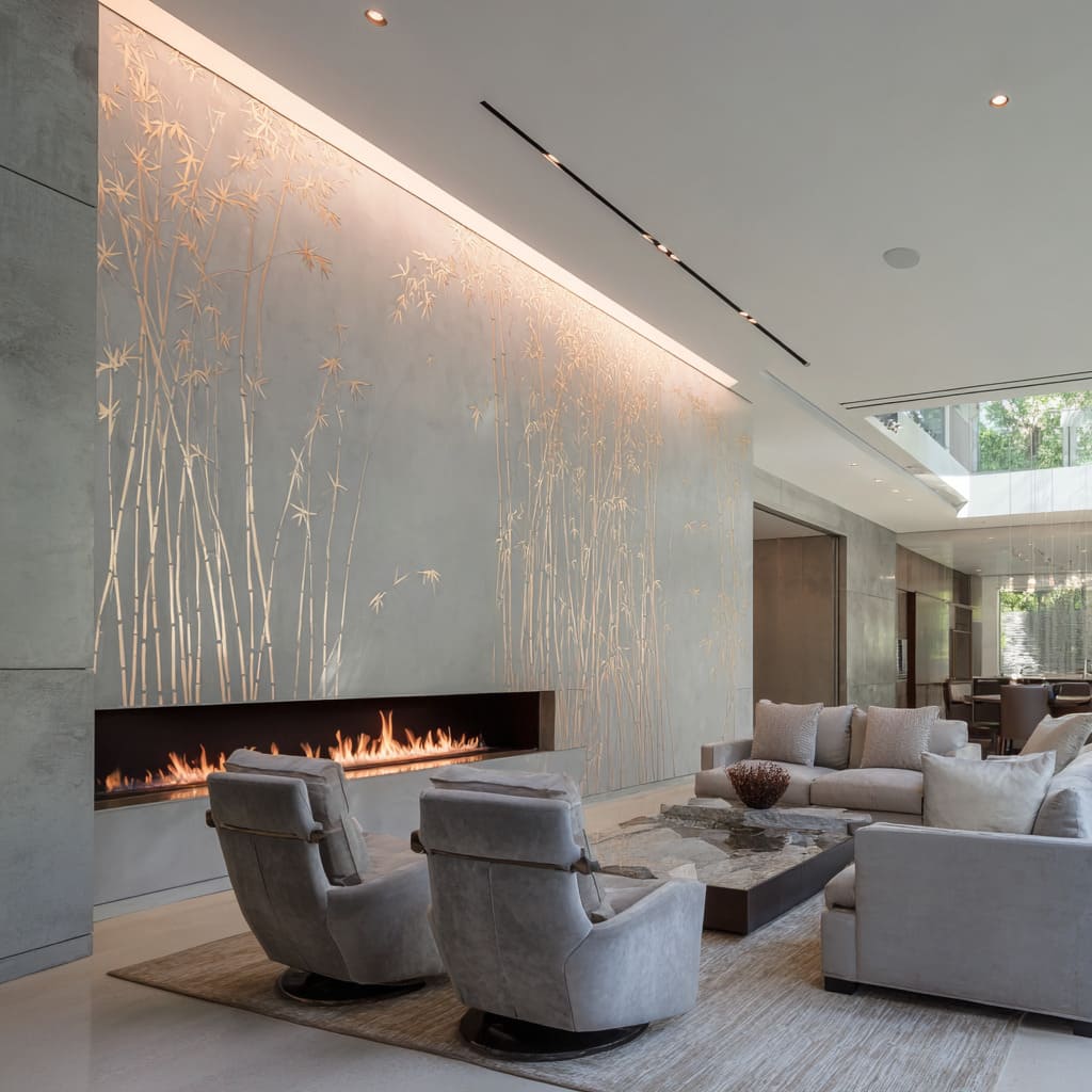 Layered bamboo mural planes in warm greys and deep hearth ledge with a corner composition that feels like overlapping screens Layered bamboo mural planes in warm greys and deep hearth ledge with a corner composition that feels like overlapping screens