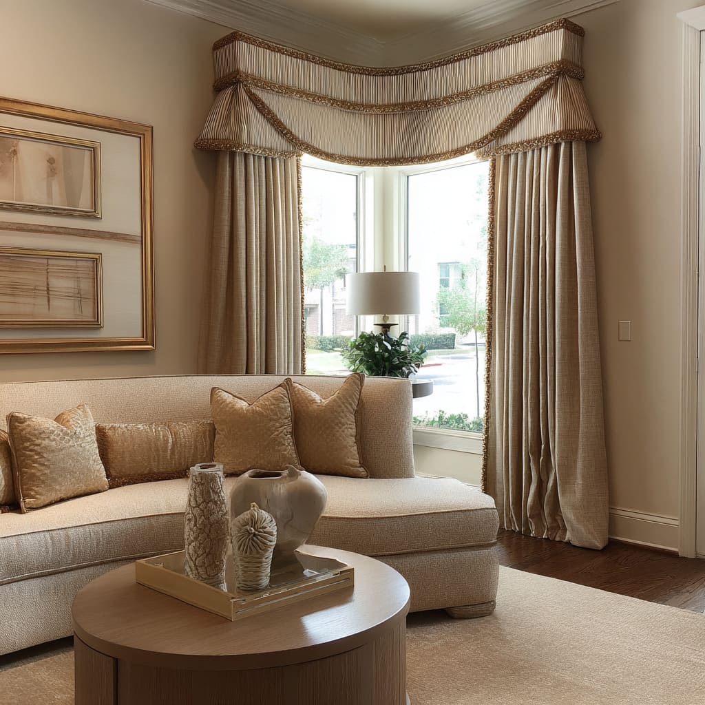 Layered bay valance with trim as dressy frame for a neutral lounge design Layered bay valance with trim as dressy frame for a neutral lounge design