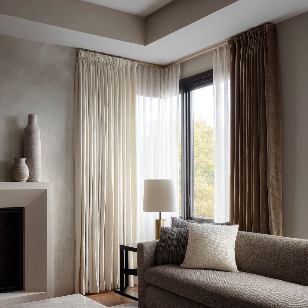 Layered drapery with sheer white panels, warm taupe velvet, and creamy opaques creating depth around Layered drapery with sheer white panels, warm taupe velvet, and creamy opaques creating depth around