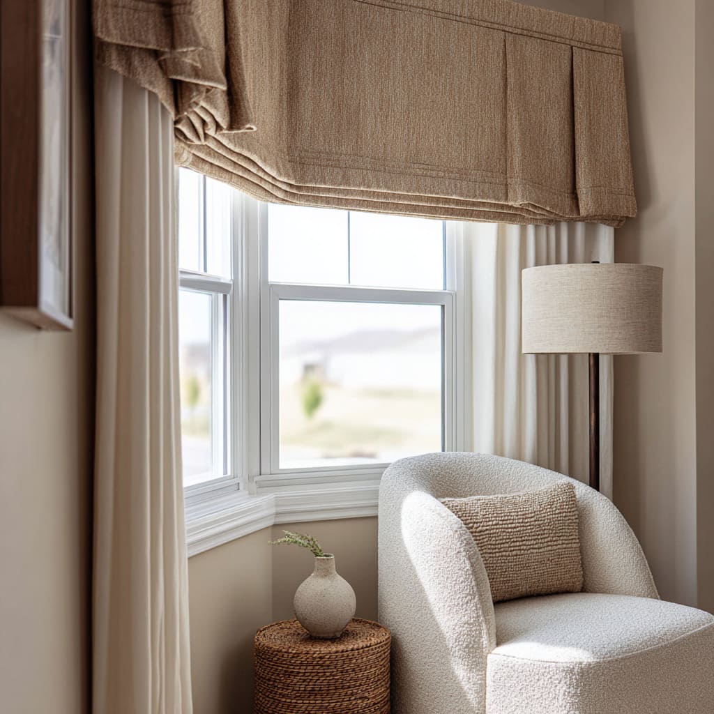 Layered valance–roman hybrid in a cozy reading bay Layered valance–roman hybrid in a cozy reading bay