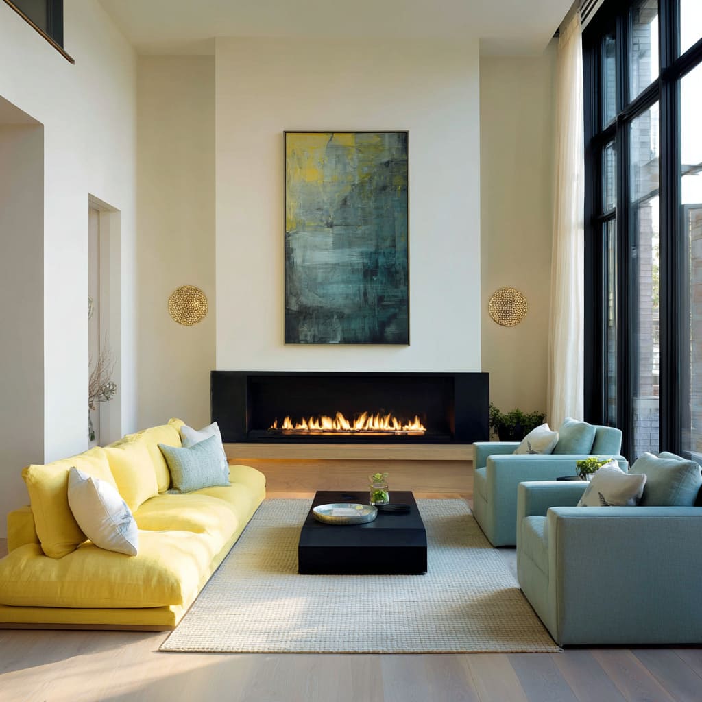 Lemon-soft yellow sofa living room design with powder-blue counterweight Lemon-soft yellow sofa living room design with powder-blue counterweight