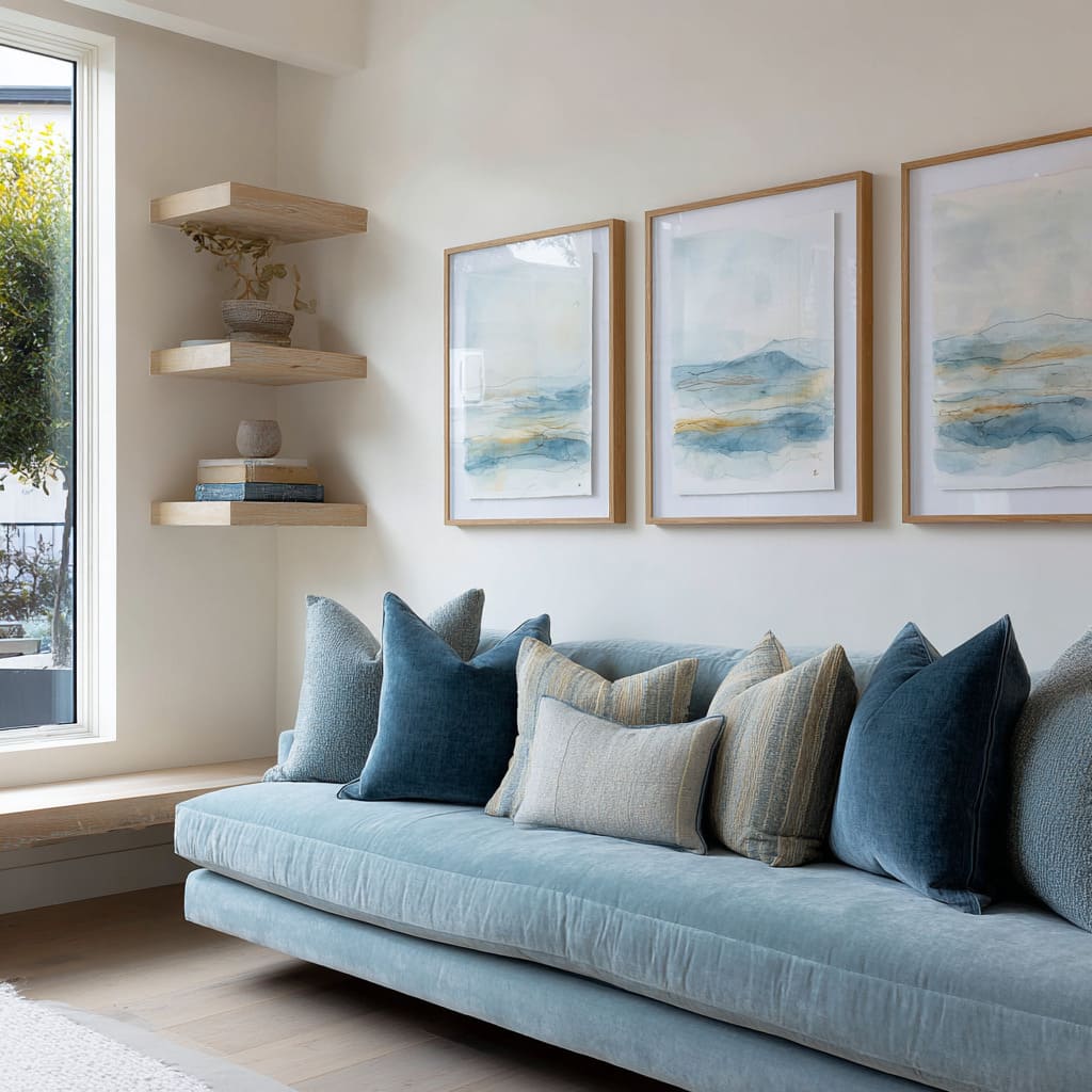 Light blue long couch with deeper blue bookends, watercolor-style blue-sand pillows, and a small pale lumbar in the center Light blue long couch with deeper blue bookends, watercolor-style blue-sand pillows, and a small pale lumbar in the center