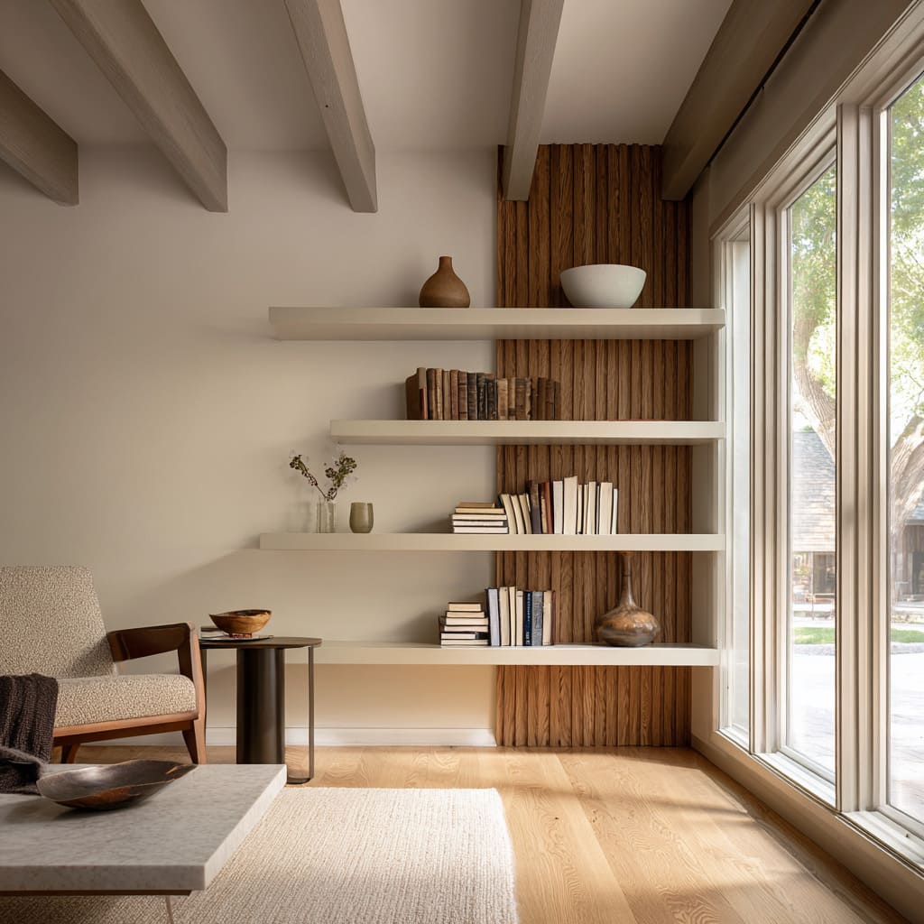 Light floating shelves layered over a vertical wood slat panel, styled with books and ceramics