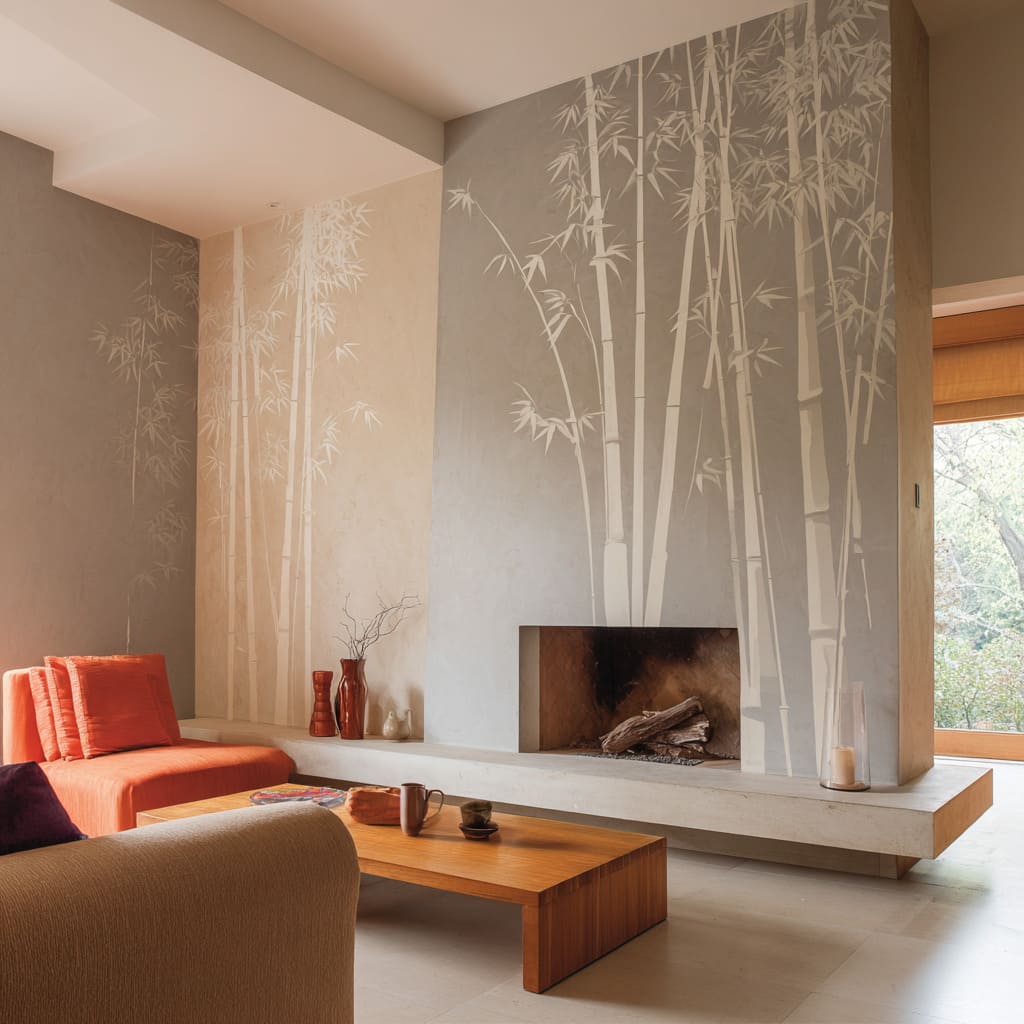 Linear bamboo mural with warm metallic lines and ribbon-like fireplace concept Linear bamboo mural with warm metallic lines and ribbon-like fireplace concept