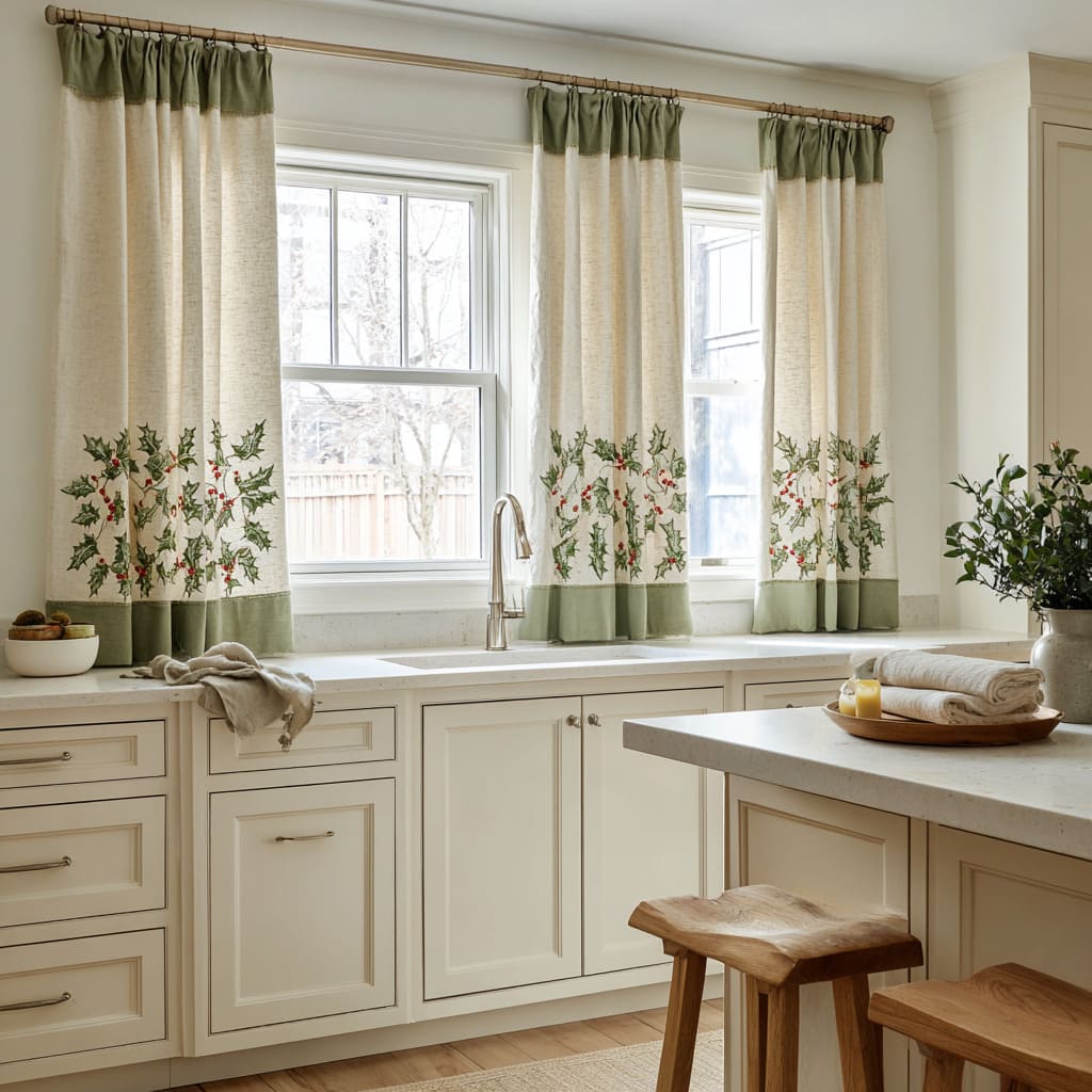 Linen curtains concept with olive-green borders and a holly-and-berry motif brighten a traditional cream kitchen Linen curtains concept with olive-green borders and a holly-and-berry motif brighten a traditional cream kitchen
