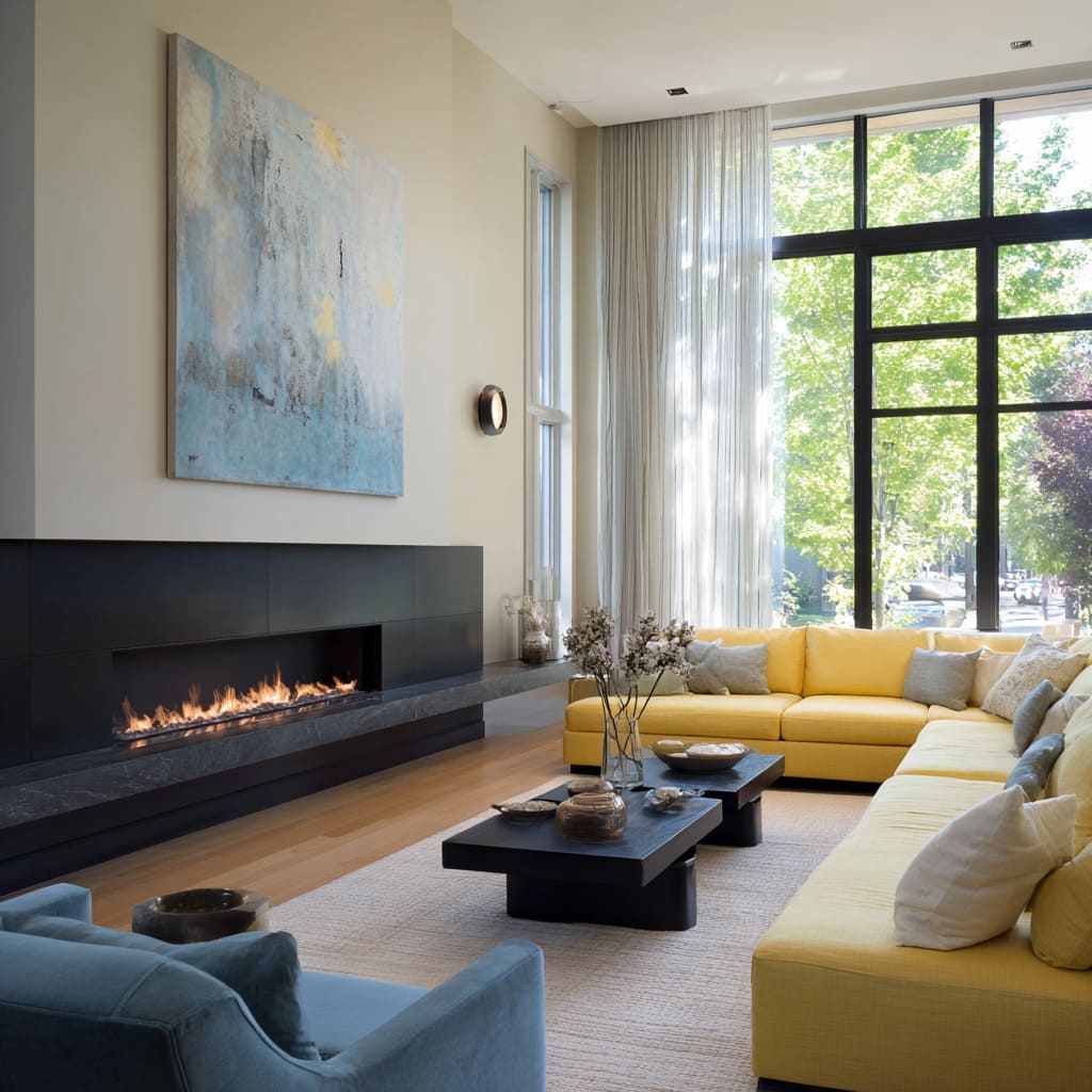 Living room concept with a L-shaped yellow sectional and charcoal fireplace slab with tall window Living room concept with a L-shaped yellow sectional and charcoal fireplace slab with tall window
