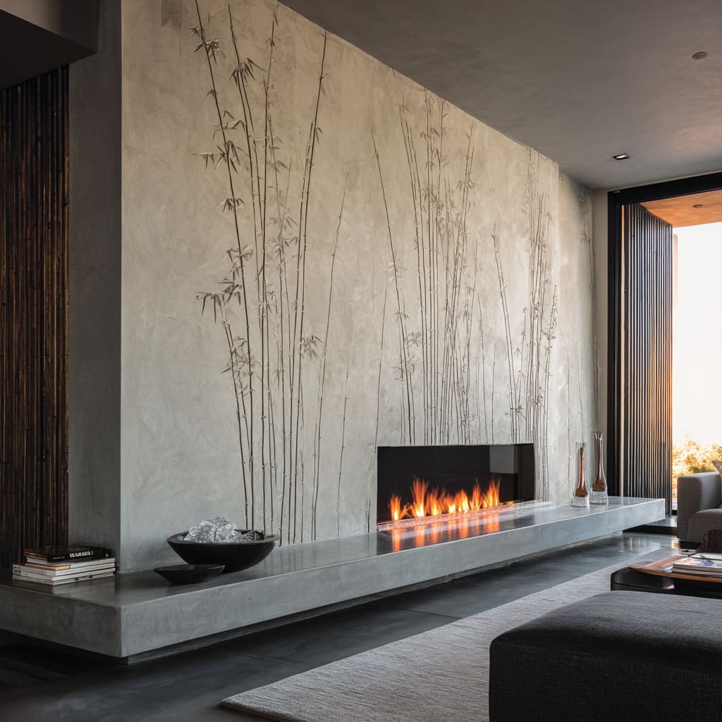 Long minimalist bamboo mural and ultra-linear ribbon fireplace and dark vertical slat screen Long minimalist bamboo mural and ultra-linear ribbon fireplace and dark vertical slat screen