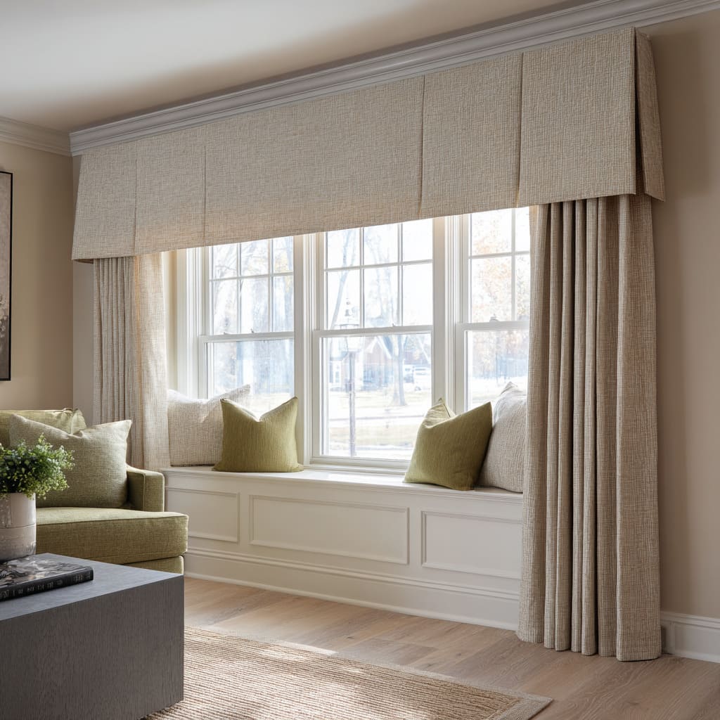 Long neutral cornice tying a picture window and built-in seat into one cohesive feature Long neutral cornice tying a picture window and built-in seat into one cohesive feature