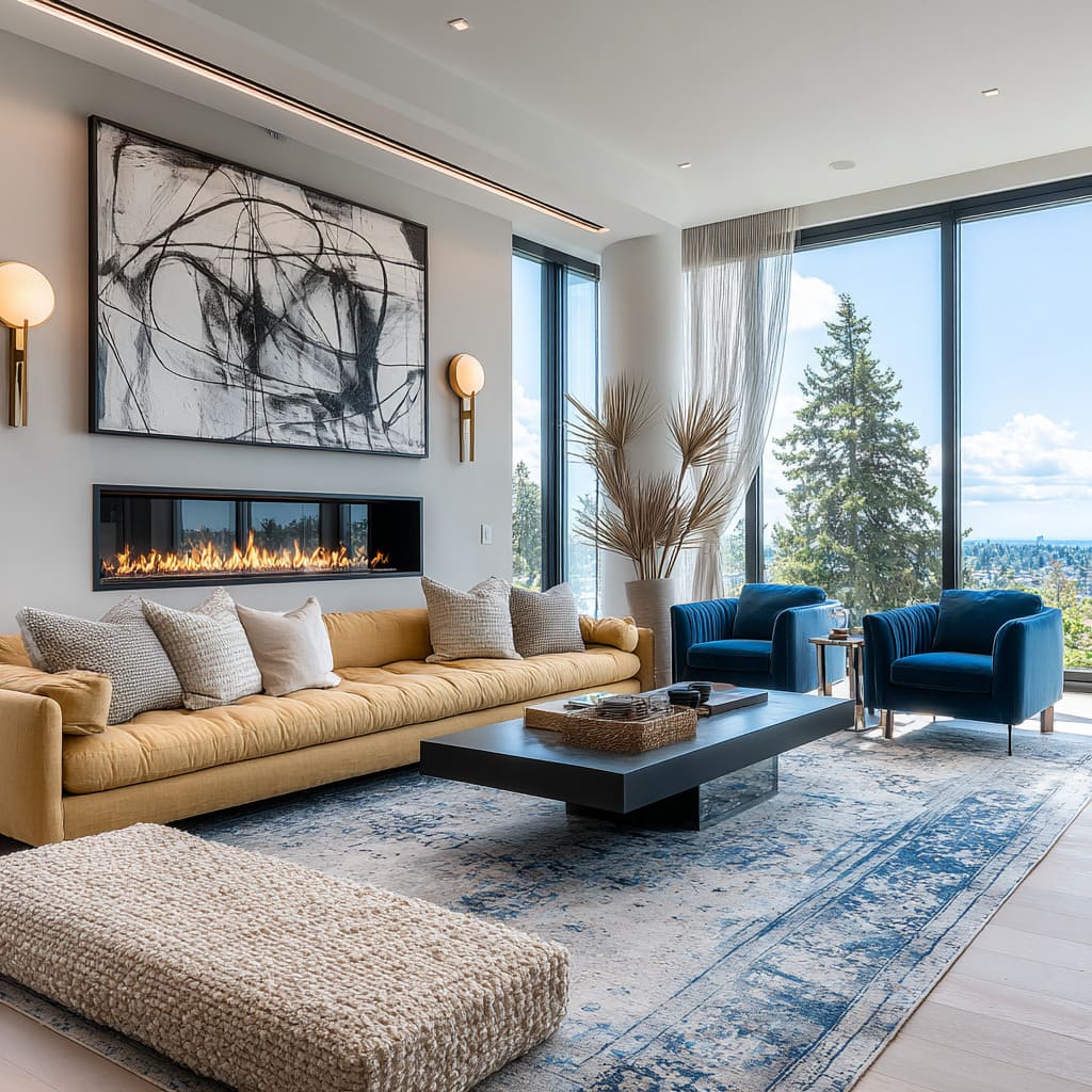 Long ochre sofa and blue chairs that dominate the living room interior design Long ochre sofa and blue chairs that dominate the living room interior design