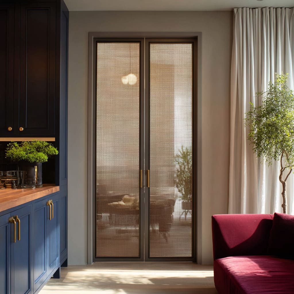 Mesh-style double glass doors with bronze tone
