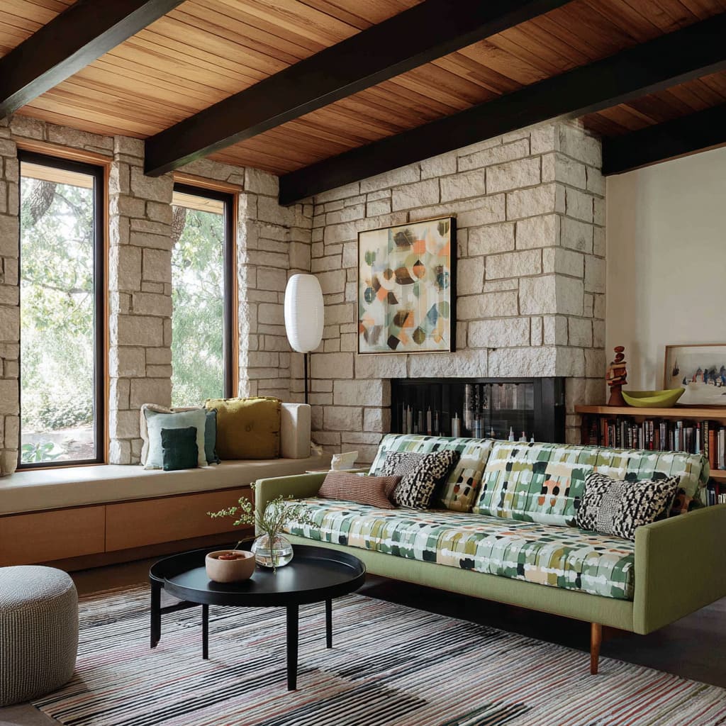 Mid-century stone-and-wood living room design with a patterned green sofa Mid-century stone-and-wood living room design with a patterned green sofa