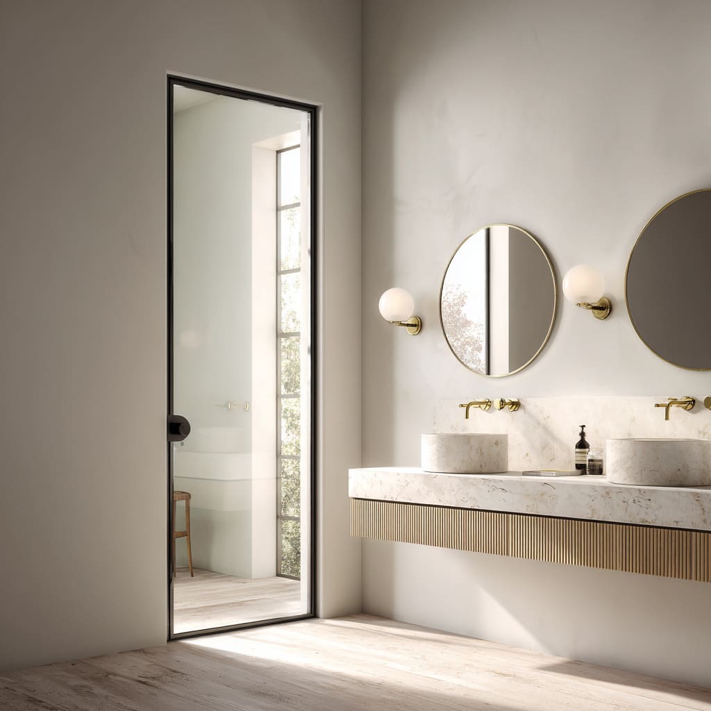 Minimal bathroom glass door with thin dark frame Minimal bathroom glass door with thin dark frame