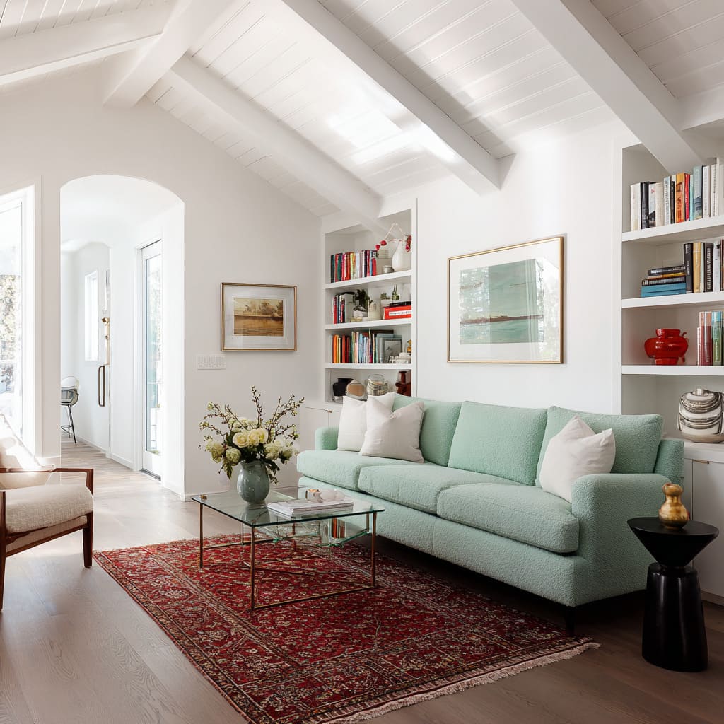 Mint-green textured sofa in a bright, vaulted white living room design with a red vintage rug Mint-green textured sofa in a bright, vaulted white living room design with a red vintage rug