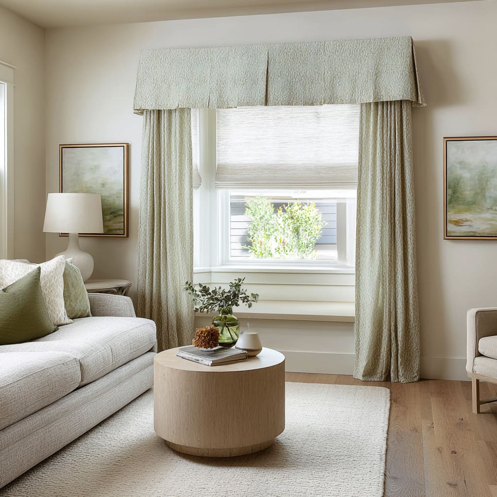 Mint-toned boxed valance with a layered Roman shade framing a styled window wall Mint-toned boxed valance with a layered Roman shade framing a styled window wall