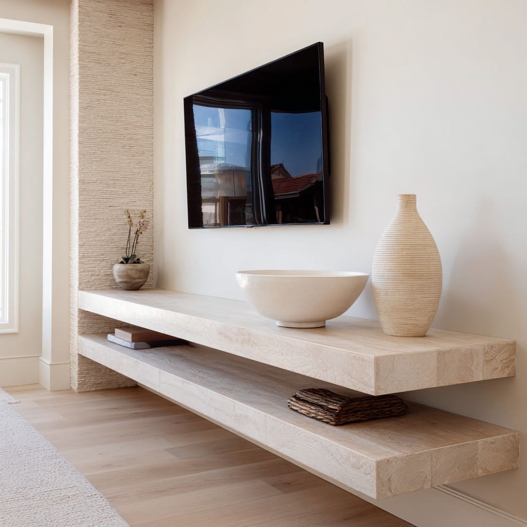 Modern TV wall with two thick pale timber floating slabs, textured cladding on one side, neutral pottery, a small orchid Modern TV wall with two thick pale timber floating slabs, textured cladding on one side, neutral pottery, a small orchid
