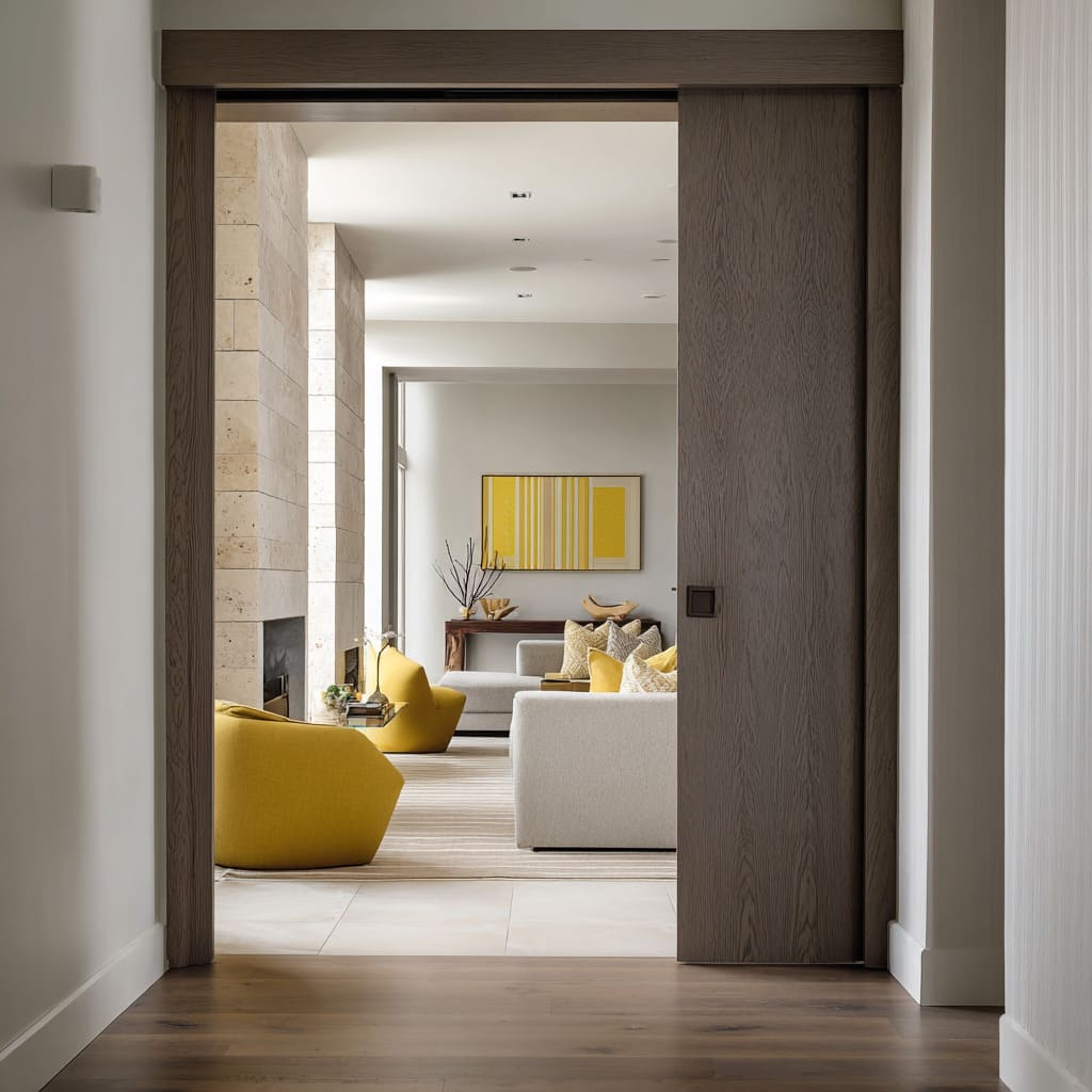 Modern design with a timber pocket door opening from a quiet corridor into a layered living suite with yellow accents Modern design with a timber pocket door opening from a quiet corridor into a layered living suite with yellow accents