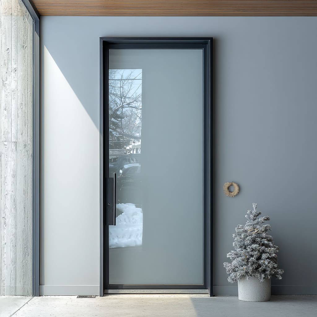 Modern vestibule concept with glowing glass door Modern vestibule concept with glowing glass door