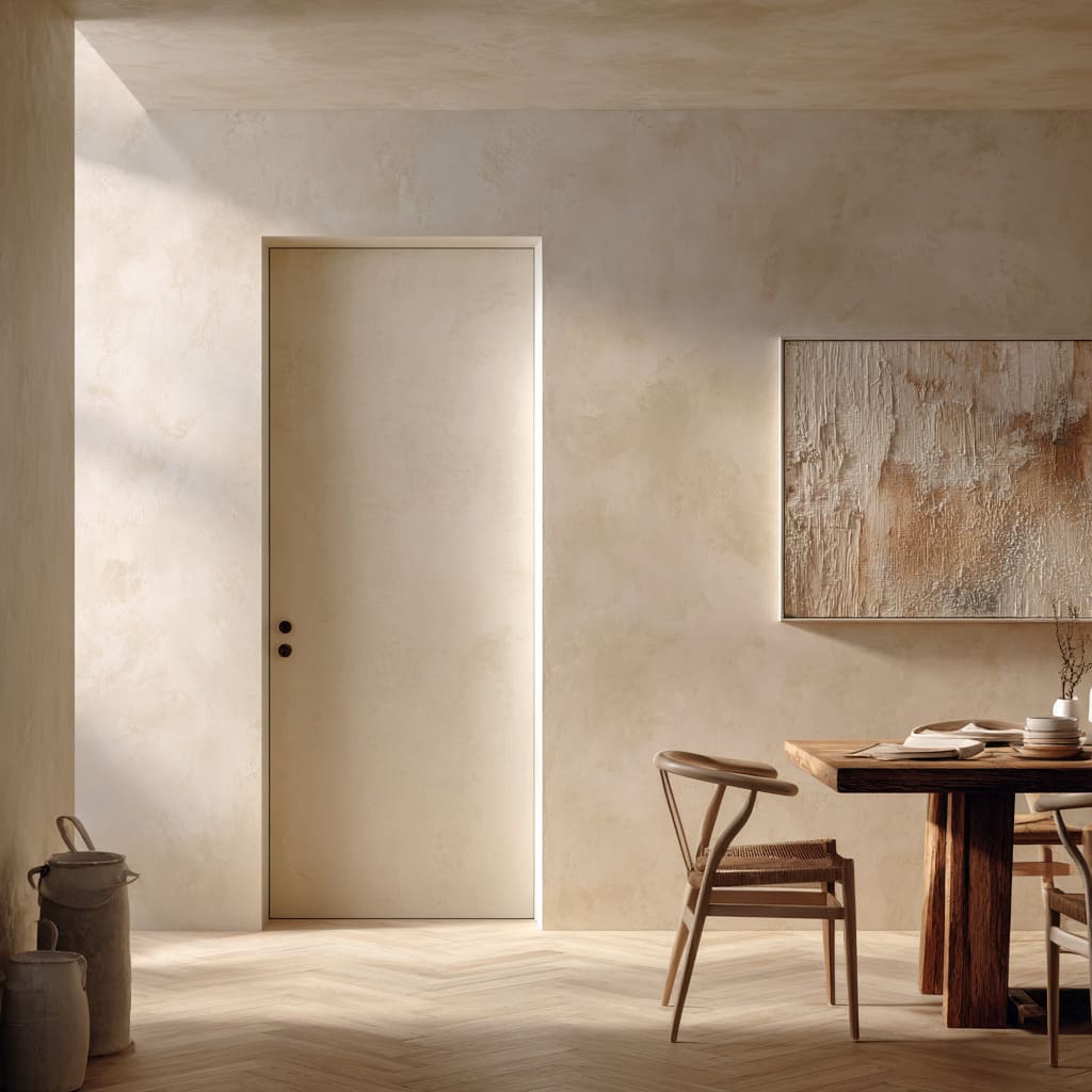 Monochrome concept with a plaster pocket door blending into a calm dining area with minimalist decor Monochrome concept with a plaster pocket door blending into a calm dining area with minimalist decor