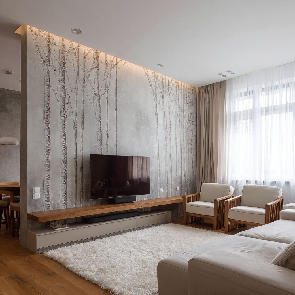 Monochrome tree-wall concept with concealed warm light band that turns the mural into atmosphere, not decoration