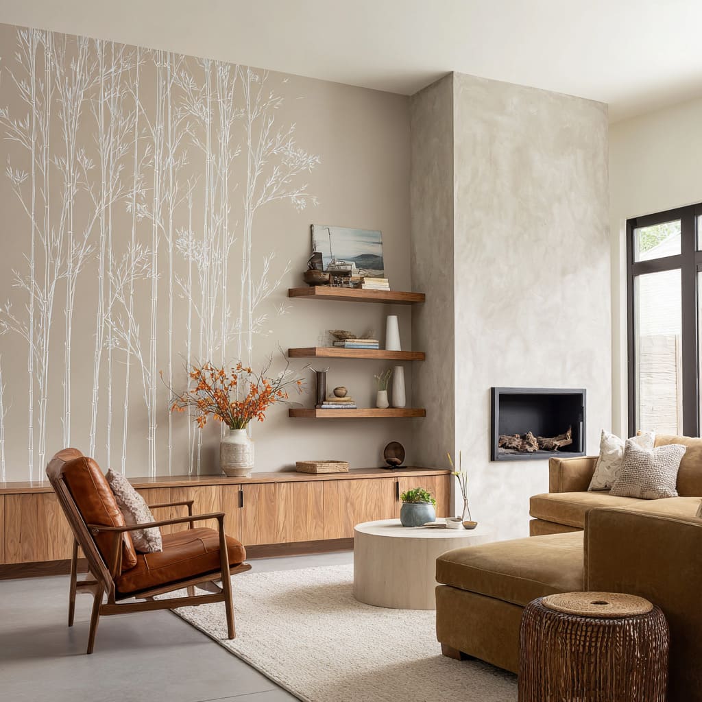 Moody charcoal fireplace wall design with a pale bamboo etched mural Moody charcoal fireplace wall design with a pale bamboo etched mural