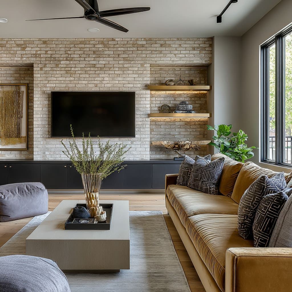 Mustard-tan sofa with a brick-and-black TV wall ideas Mustard-tan sofa with a brick-and-black TV wall ideas