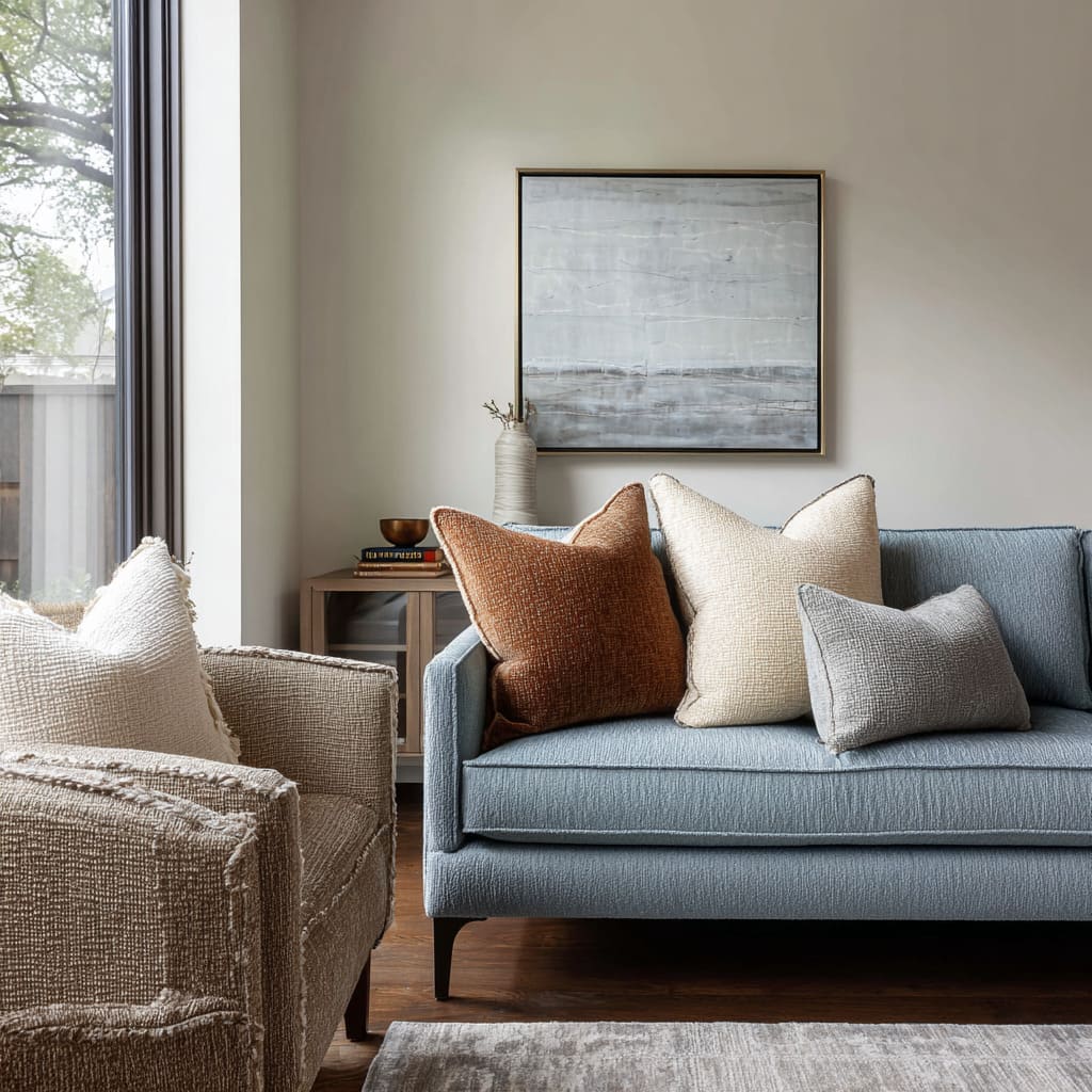 Muted denim-blue sofa with rust textured pillow, creamy looped cushion, and slim cool-grey lumbar for a clean styled look Muted denim-blue sofa with rust textured pillow, creamy looped cushion, and slim cool-grey lumbar for a clean styled look