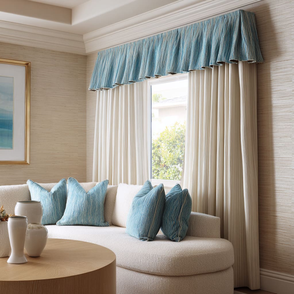 Neutral boxed valance wrapping a corner window and coordinating with textured drapery