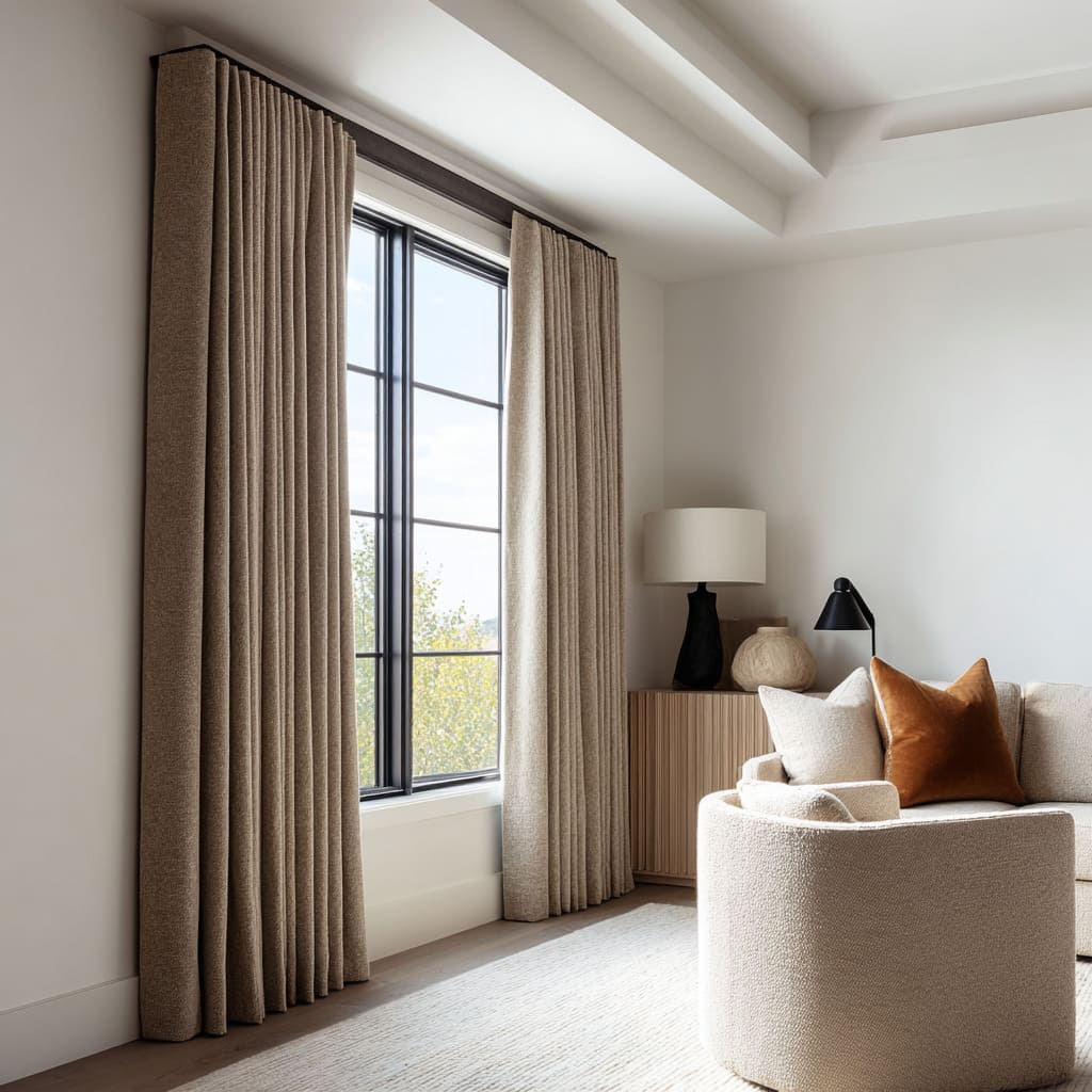 Neutral living room deisgn with oatmeal drapery in tight pleats framing a black-grid window, paired with warm wood flooring Neutral living room deisgn with oatmeal drapery in tight pleats framing a black-grid window, paired with warm wood flooring