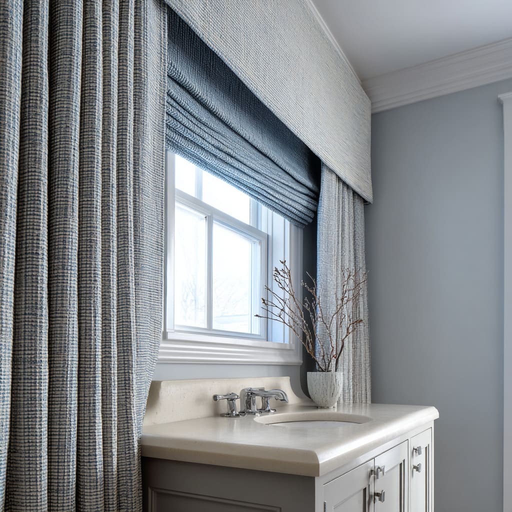 Valentina tejida neutra sobre estor romano azul profundo acanalado y cortinas a juego en un baño gris-azul frío Valentina tejida neutra sobre estor romano azul profundo acanalado y cortinas a juego en un baño gris-azul frío