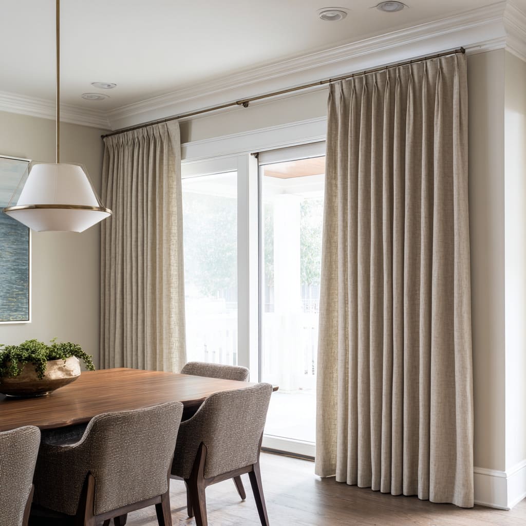 Oatmeal linen drapes with wide folds in a classic dining-kitchen Oatmeal linen drapes with wide folds in a classic dining-kitchen