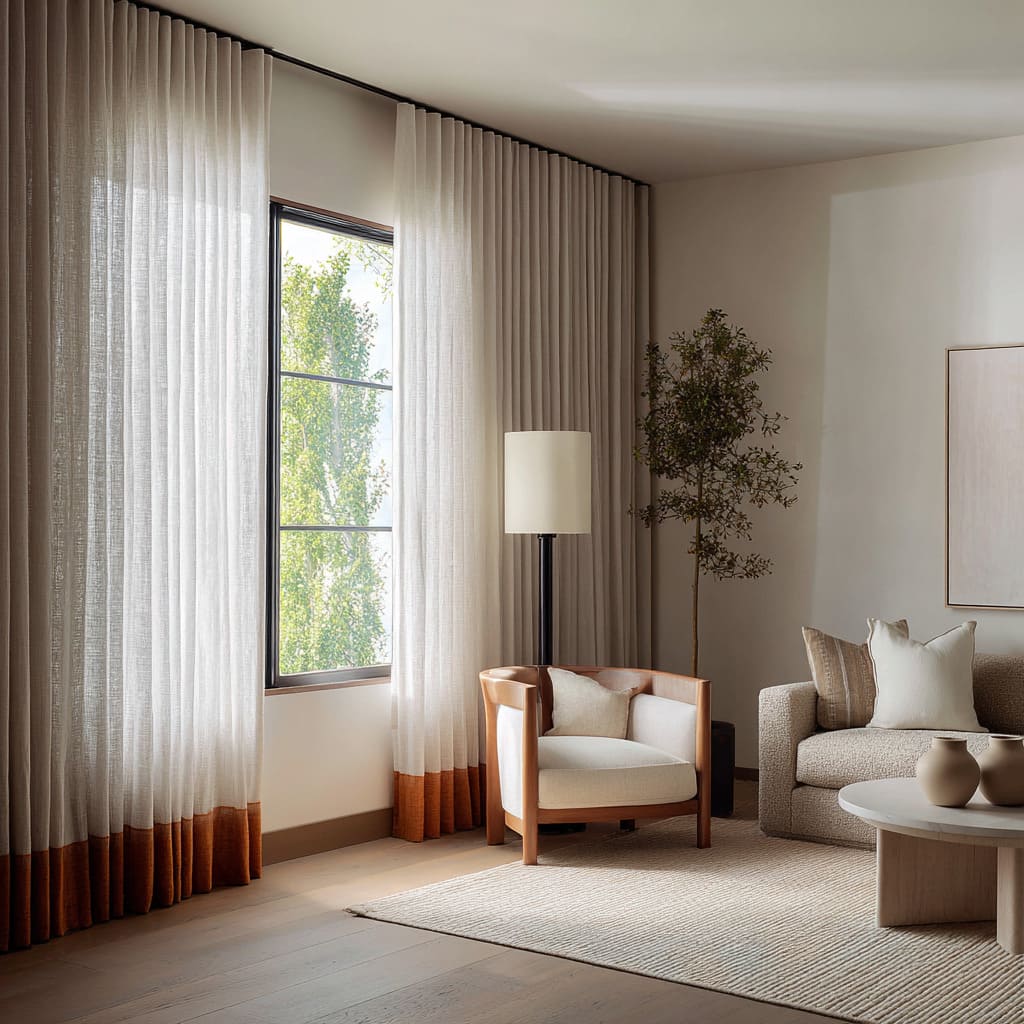 Oatmeal sheer drapery with a copper-brown hem wrapping a corner window in a soft living room design Oatmeal sheer drapery with a copper-brown hem wrapping a corner window in a soft living room design