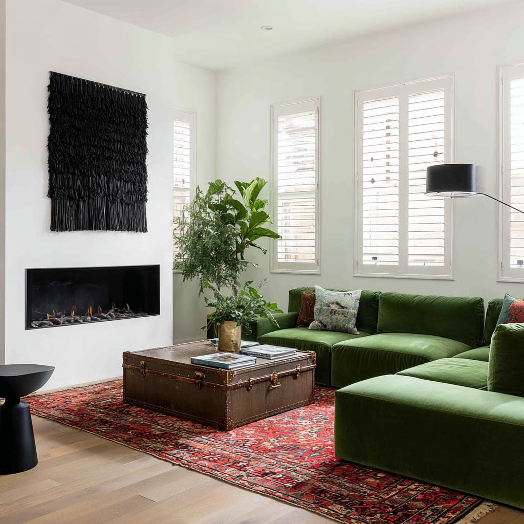 Olive-green sectional with white shutters, black textile wall art, and a red rug Olive-green sectional with white shutters, black textile wall art, and a red rug