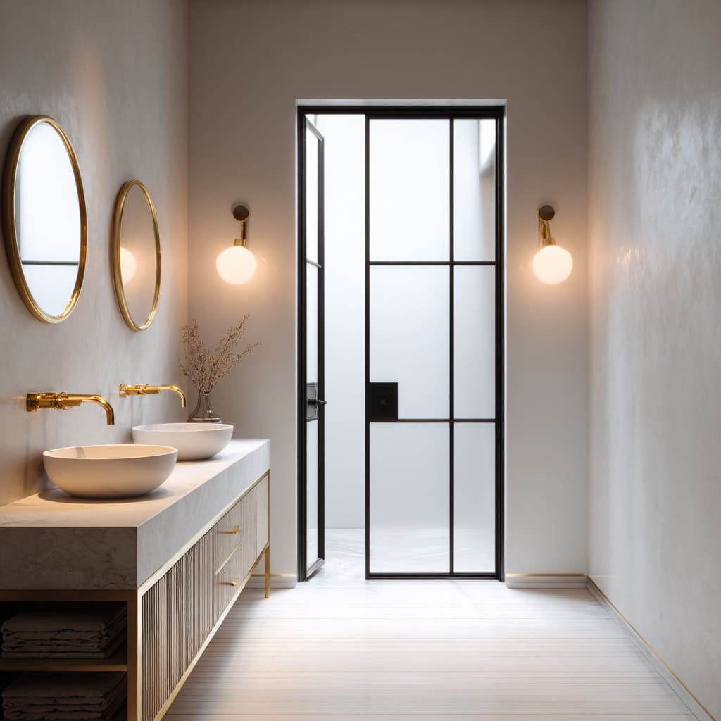 Open grid glass door beside vanity in modern bathroom design Open grid glass door beside vanity in modern bathroom design