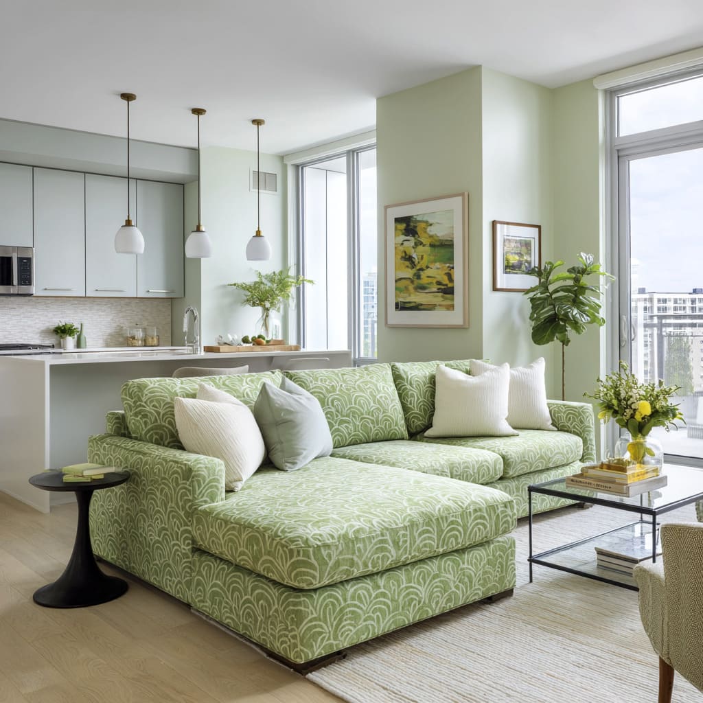 Open-plan city-view living room concept where green feels built-in through wall tone, art, and small repeats Open-plan city-view living room concept where green feels built-in through wall tone, art, and small repeats